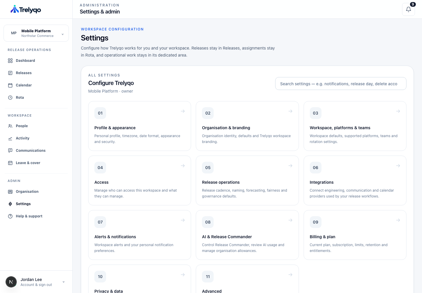 Trelyqo settings showing integration and organisation controls